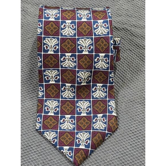 BARNEYS NEW YORK Men's 100% Silk Necktie ITALY Designer Geometric Dark Blue Brow - Picture 1 of 5